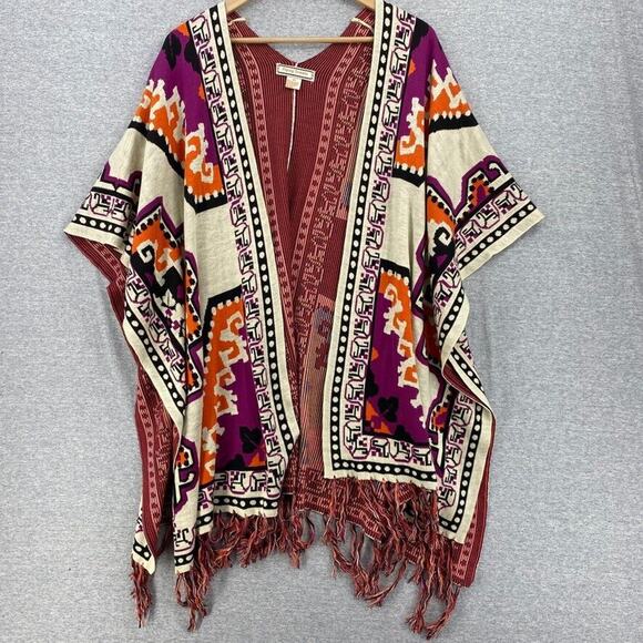 Flying Tomato Poncho Womens Medium/Large Aztec Beige Orange Fringe Boho Chic - Picture 1 of 10